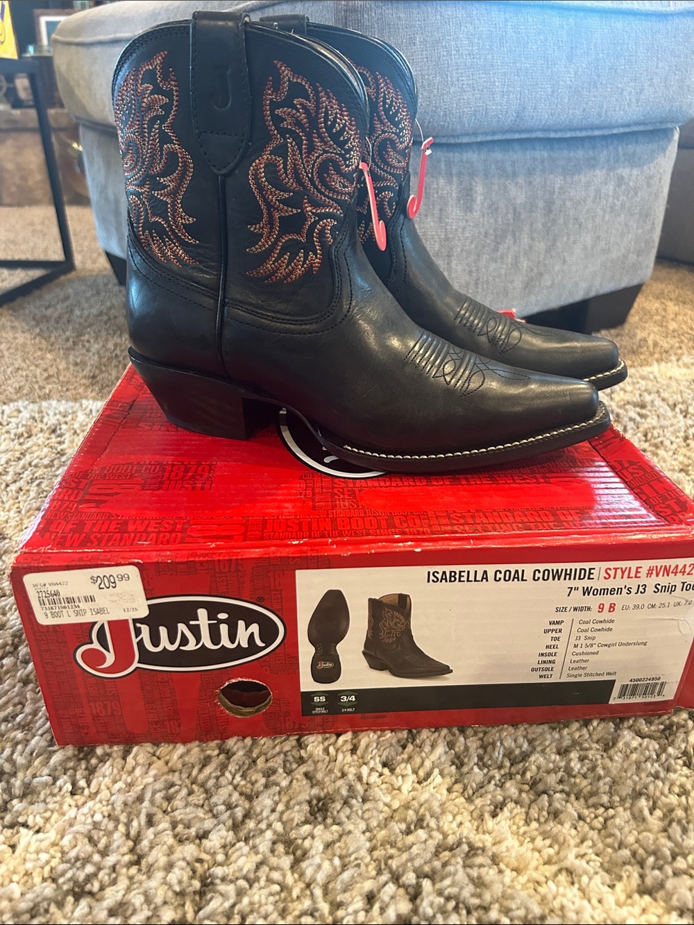 Justin Isabella Coal Cowhide Black Cowboy Boots with Pink Embroidery